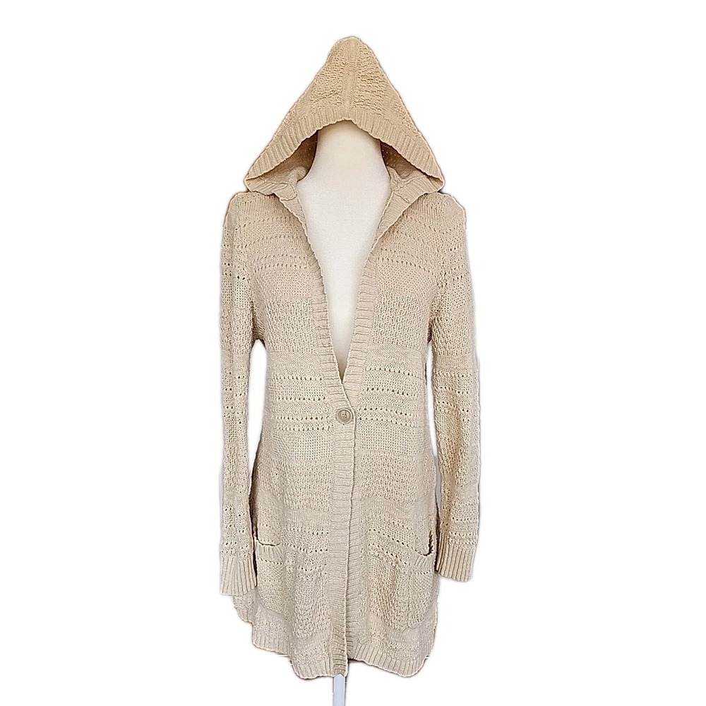 LL Bean Open Knit Cardigan Sz L Hooded Beige Sweater Cottage Beachy Coastal Boho